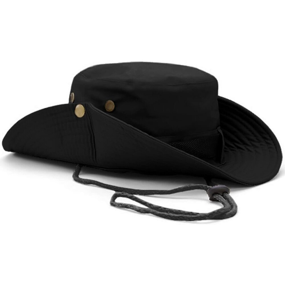 Unisex Black 100% Cotton Wide Brim Boonie With Chin Strap Classic Bucket Sun Hat